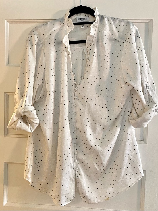 Express Tops - Express White Portafino Blouse with Black Polka Dots
